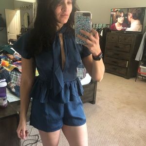 Blue satin peplum romper